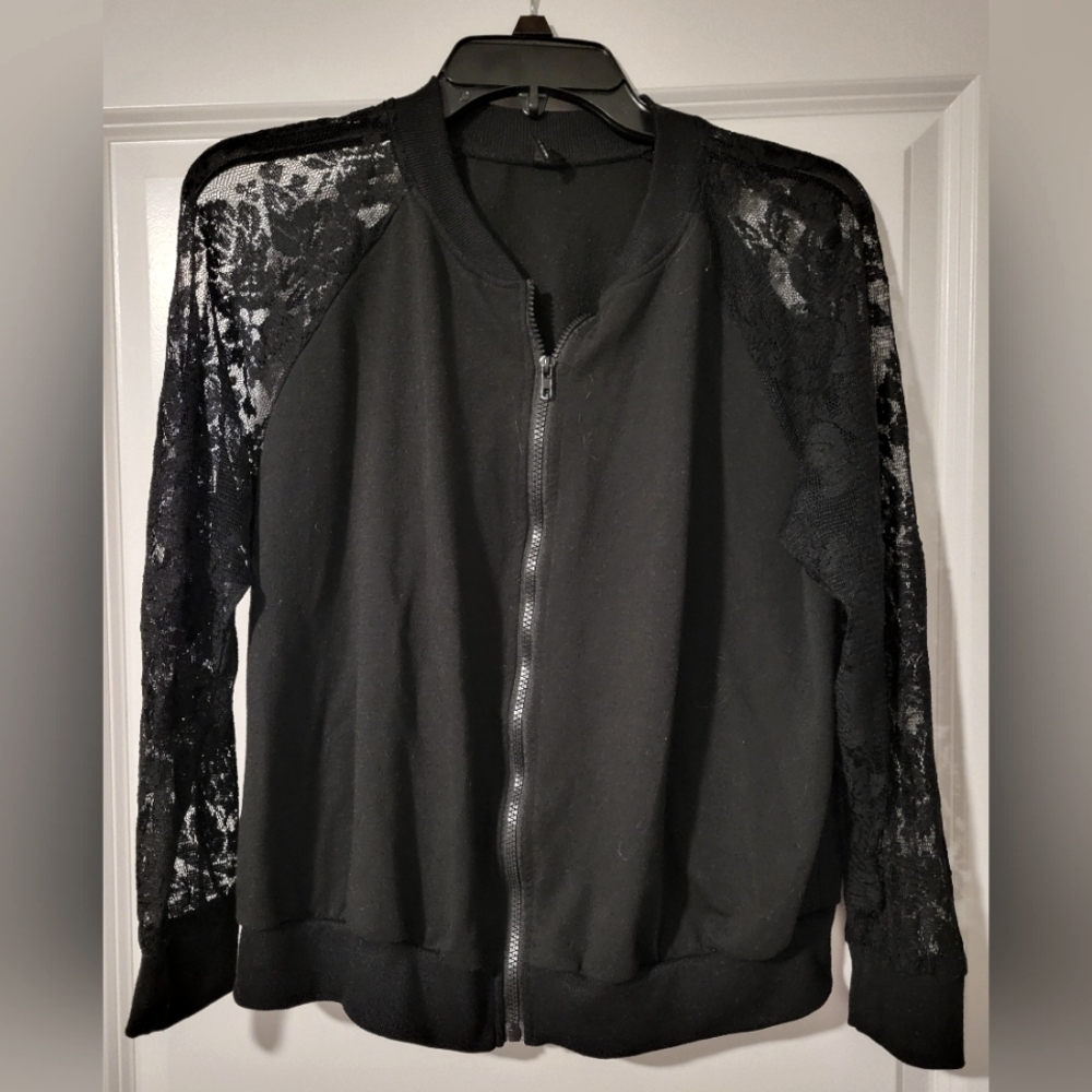 Black Zip-up Jacket with lace sleeves